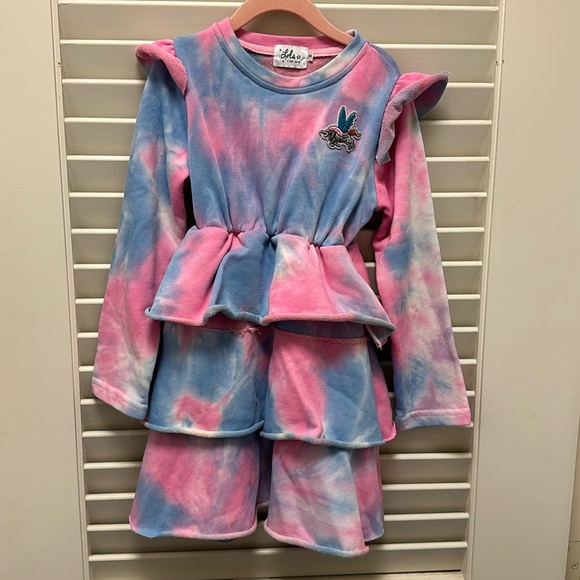 Lola and the Boys Blue Pink Tie Dye Tiered Sweatshirt Dress in 8 - Picture 1 of 8